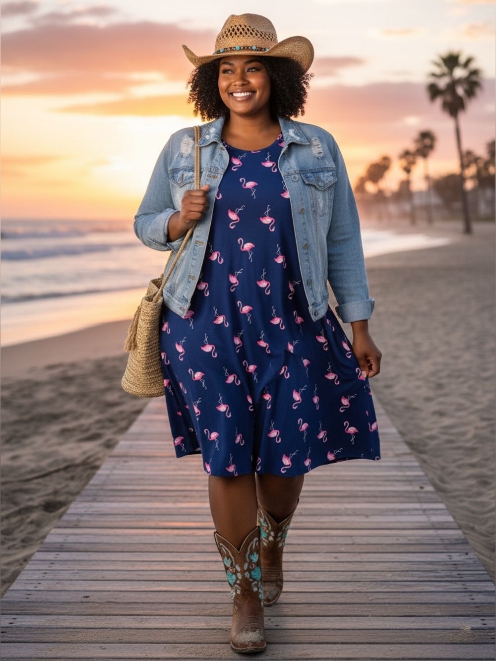 Jamie & Layla Petite Flamingo Swing Dress Coastal Cowgirl Navy Pink Soft Stretch